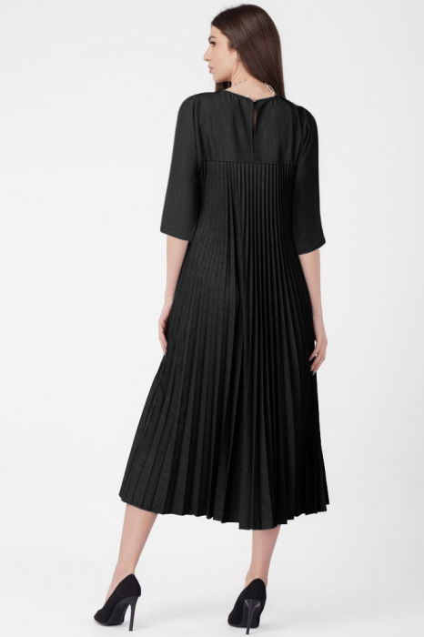 Rochie plisata A-line cu maneci trei sferturi, material fin si usor creponat, neagra [3]