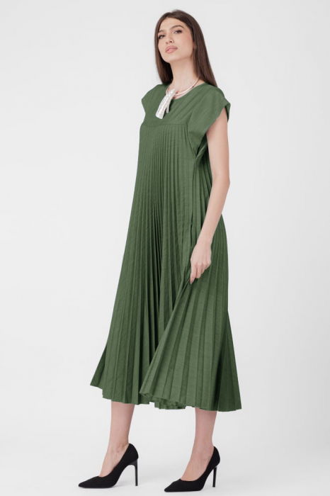 Rochie plisata  A-line lunga, material fin si usor creponat, kaki [2]