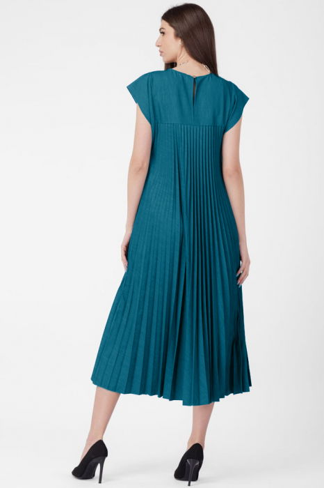 Rochie plisata  A-line lunga, material fin si usor creponat, turcoaz inchis [3]