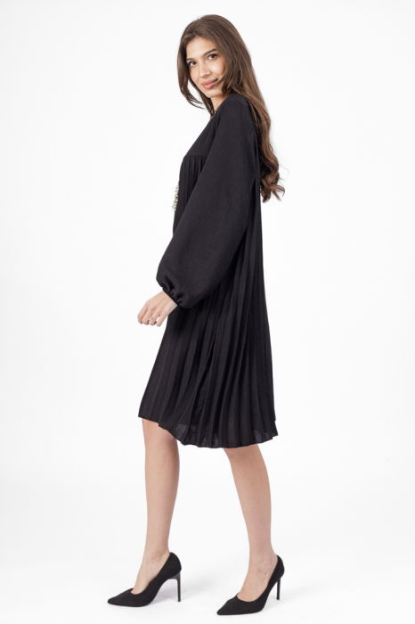 Rochie plisata midi,  A-line cu maneca lunga cu elastic, neagra [3]