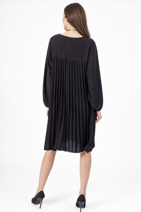 Rochie plisata midi,  A-line cu maneca lunga cu elastic, neagra [4]