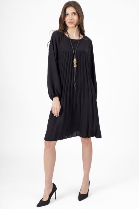Rochie plisata midi,  A-line cu maneca lunga cu elastic, neagra [2]
