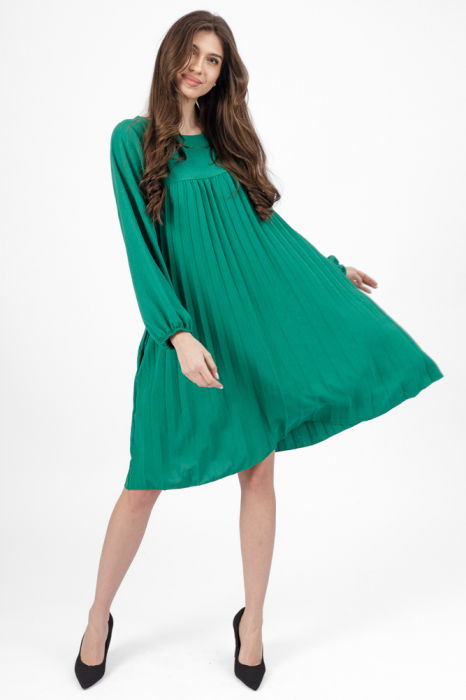 Rochie plisata midi,  A-line cu maneca lunga cu elastic, verde [2]