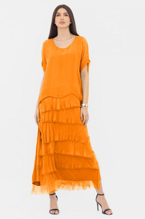 Rochie portocaliu deschis din matase si vascoza cu  volane franjurate suprapuse [2]