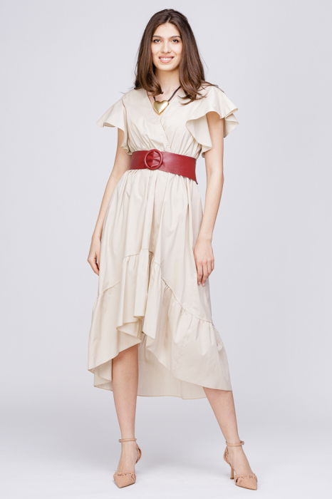Rochie bej cu bust petrecut si volan la maneci, din poplin [4]