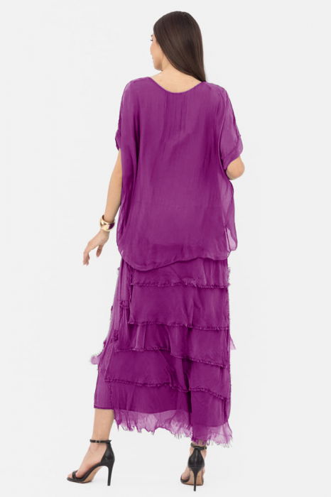 Rochie magenta din matase si vascoza cu  volane franjurate suprapuse [2]