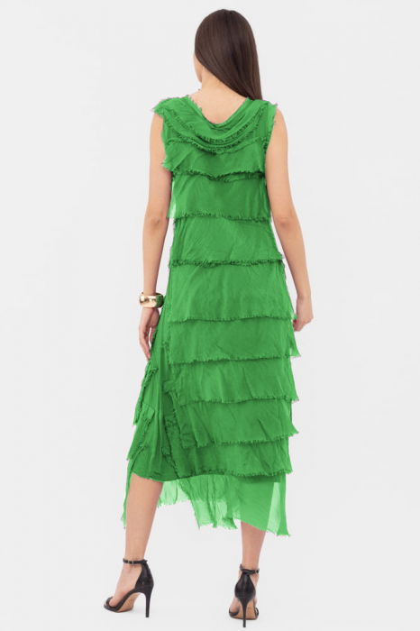 Rochie verde din matase si vascoza cu  volane franjurate suprapuse, fara maneci [3]