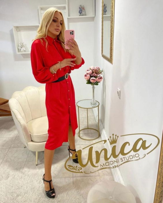 Rochie rosu-satinat, tip camasa, eleganta, cu nasturi aurii [2]