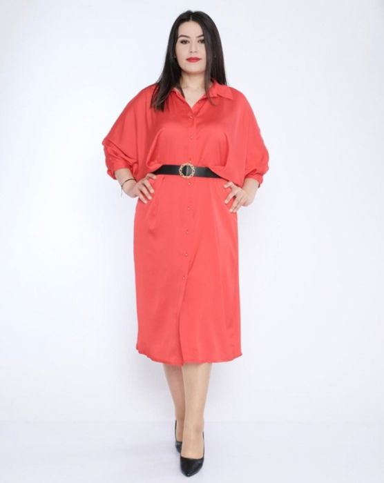 Rochie rosu-satinat, tip camasa, eleganta, cu nasturi aurii [4]