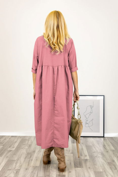 Rochie roz prafuit cu taietura oblica si broderie, din poplin si jerseu, oversize [3]