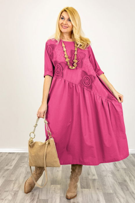 Rochie fucsia cu taietura oblica si broderie, din poplin si jerseu, oversize [2]