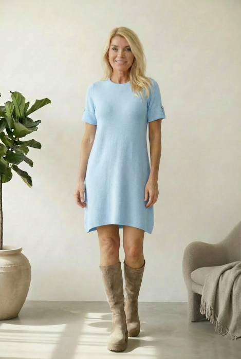 Rochie scurta A-line tricotata, cu maneca scurta si nasture decorativ, bleu [1]