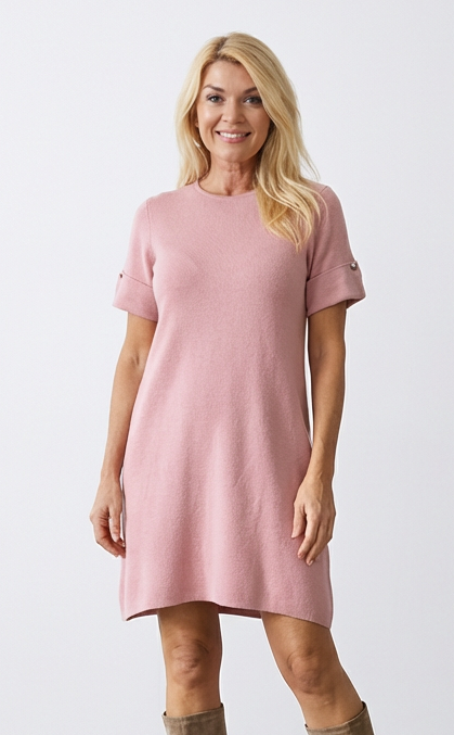 Rochie scurta A-line tricotata, cu maneca scurta si nasture decorativ, roz [2]