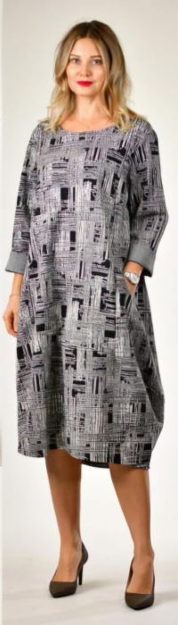 Rochie midi casual alb negru cu imprimeu artistic abstract si croi lejer [2]