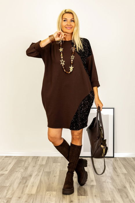 Rochie scurta cu paiete si croi lejer din tricot de bumbac, maro [1]