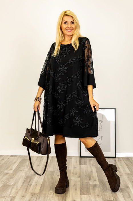 Rochie scurta neagra cu broderie eleganta si maneci transparente [2]