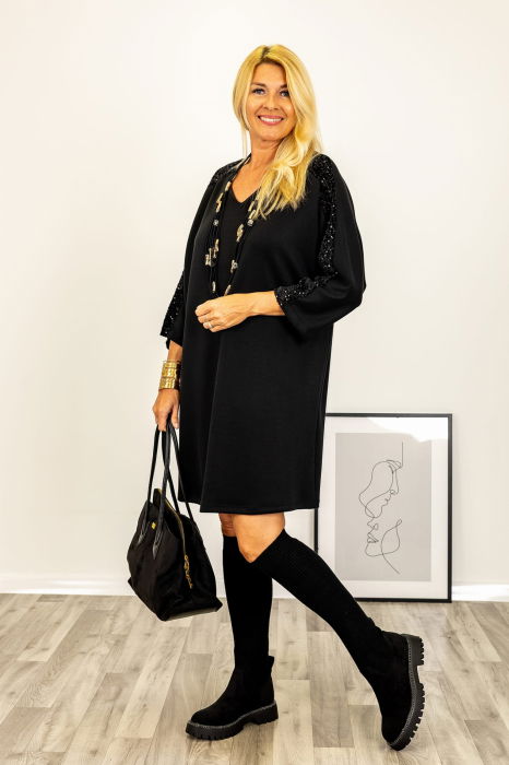 Rochie neagra scurta cu paiete pe maneci si funda din tafta la spate [3]