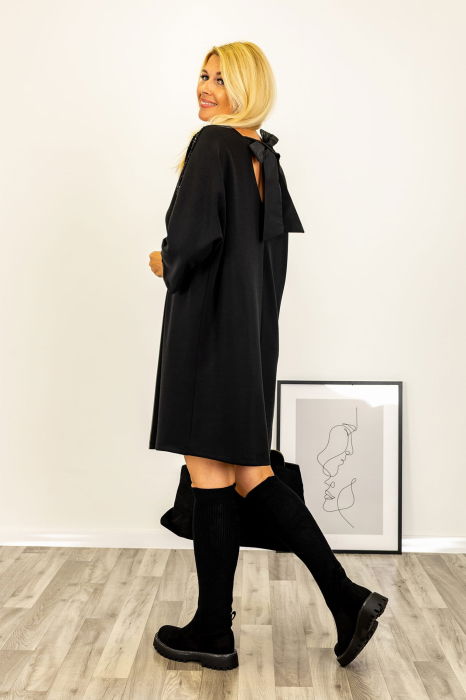 Rochie neagra scurta cu paiete pe maneci si funda din tafta la spate [4]