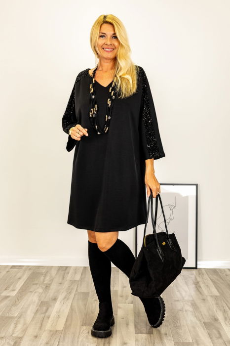 Rochie neagra scurta cu paiete pe maneci si funda din tafta la spate [2]