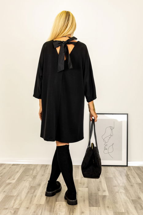 Rochie neagra scurta cu paiete pe maneci si funda din tafta la spate [5]