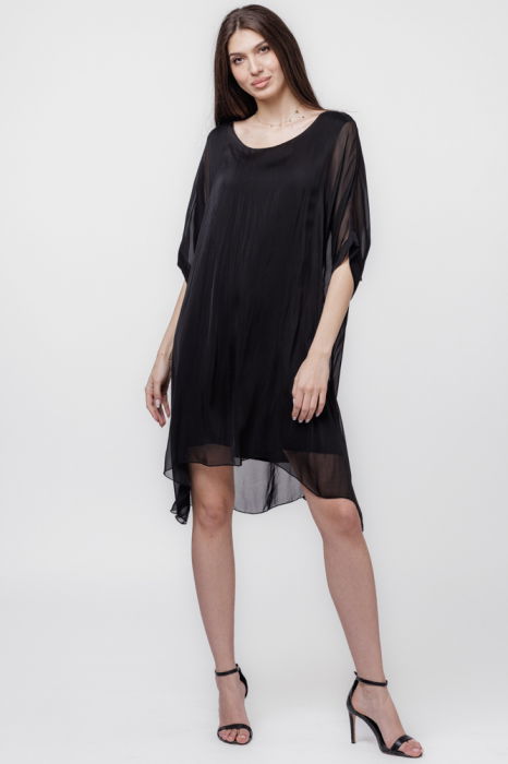 Rochie midi, dreapta, din matase si vascoza, cu funda pe spate, neagra