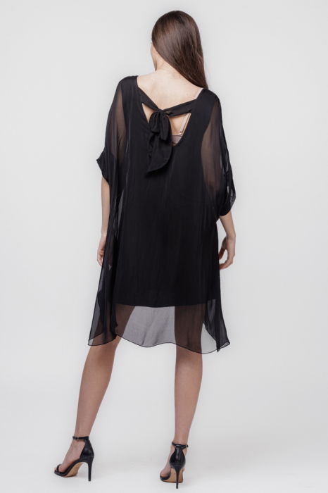 Rochie midi, dreapta, din matase si vascoza, cu funda pe spate, neagra [3]