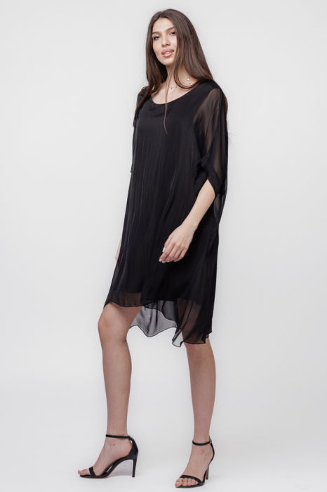 Rochie midi, dreapta, din matase si vascoza, cu funda pe spate, neagra [2]