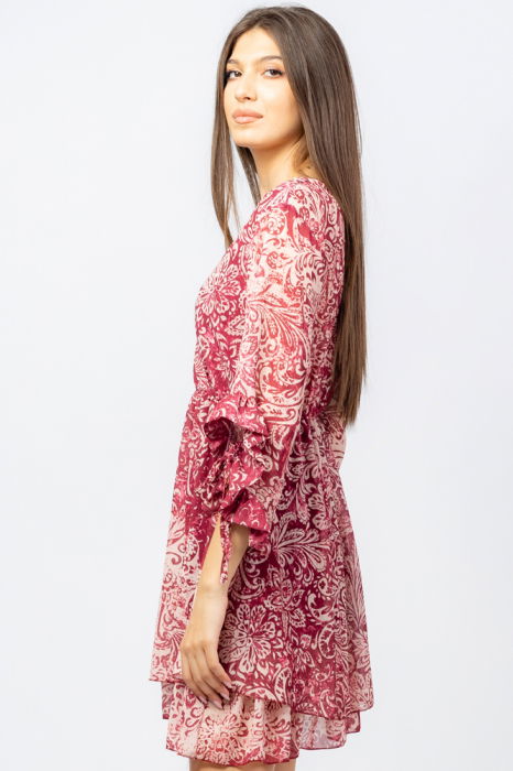 Rochie scurta din voal cu imprimeu floral pe fond bordo [2]