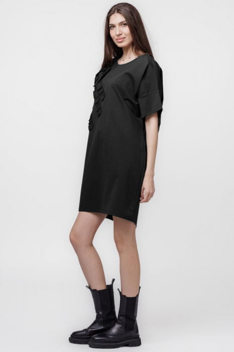 Rochie scurta, dreapta,cu aplicatie boboc, din jerseu de bumbac, neagra [2]