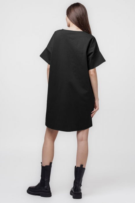 Rochie scurta, dreapta,cu aplicatie boboc, din jerseu de bumbac, neagra [3]