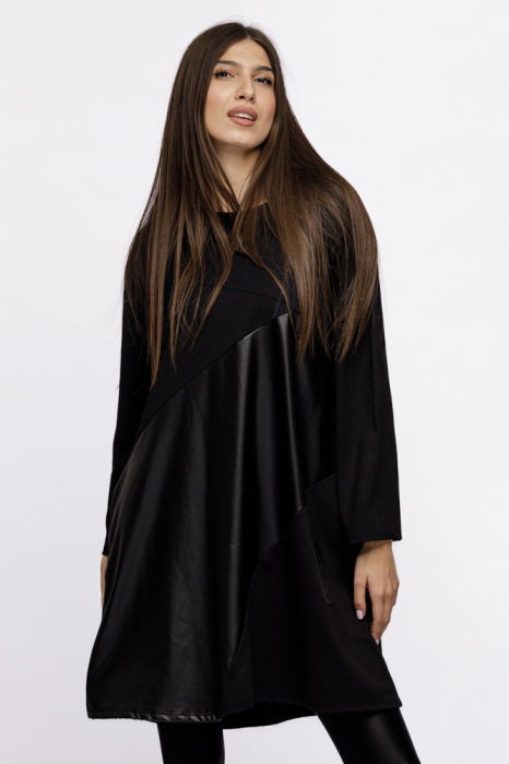 Rochie midi neagra, din tricot de vascoza cu piele ecologica și motiv "Hope" [2]