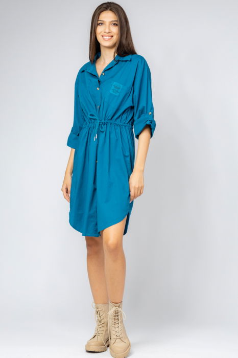Rochie midi tip camasa, din polin de bumbac, cu siret in talie, turcoaz [2]
