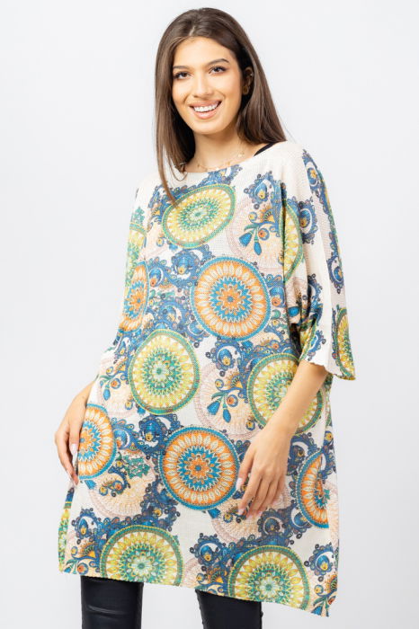 Rochie scurta tricotata cu maneca fluture si imprimeu mandale [2]