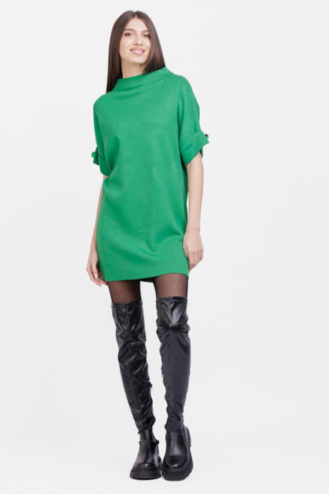 Rochie scurta tricotata, cu maneca scurta si nasture, din vascoza, verde [2]
