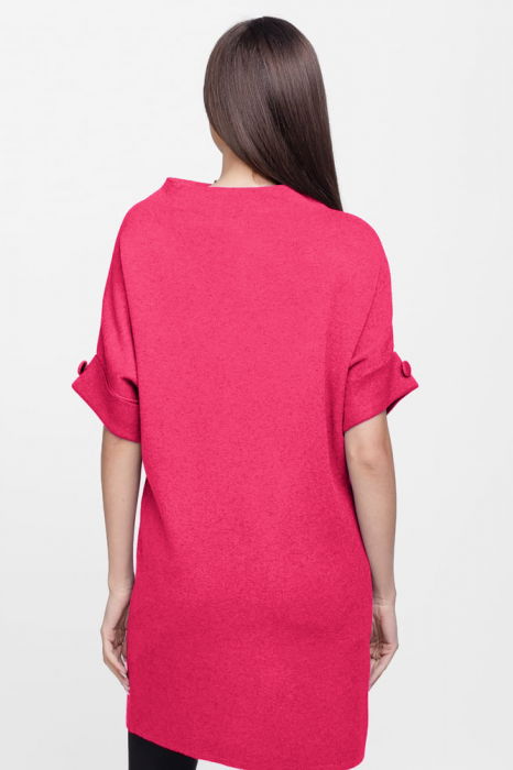 Rochie scurta tricotata, cu maneca scurta si nasture, din vascoza, fucsia [3]