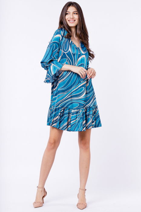 Rochie midi dreapta cu volan la poale si imprimeu turcoaz [2]