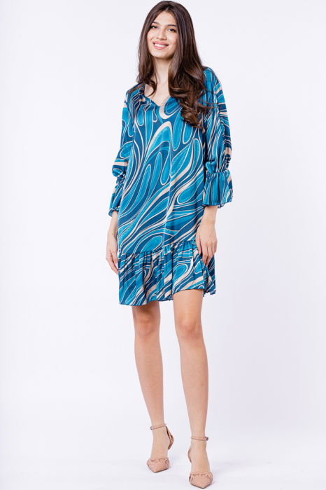 Rochie midi dreapta cu volan la poale si imprimeu turcoaz [3]