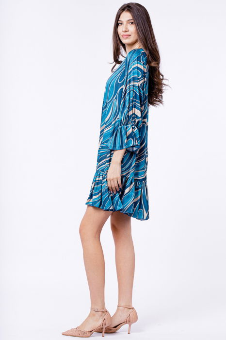 Rochie midi dreapta cu volan la poale si imprimeu turcoaz [4]