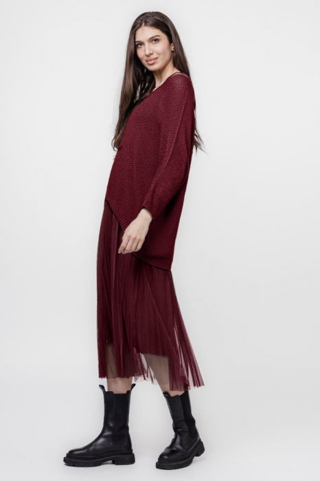 Rochie suprapusa cu puloveras cu maneca lunga si tulle plisat, bordo [2]