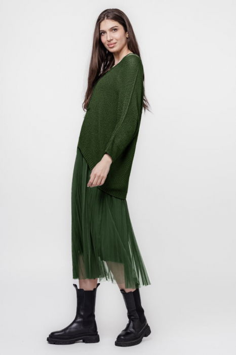 Rochie suprapusa cu puloveras cu maneca lunga si tulle plisat, kaki [2]