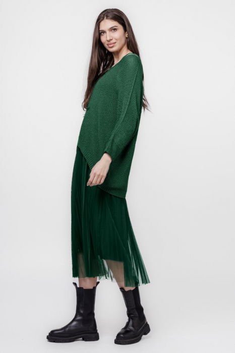 Rochie suprapusa cu puloveras cu maneca lunga si tulle plisat, verde inchis [2]