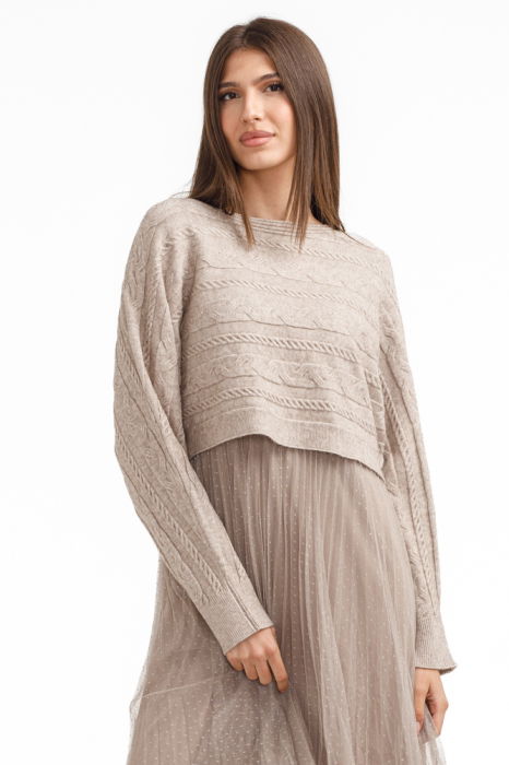 Rochie suprapusa din tulle cu bulinute cu puloveras cu model, bej inchis [3]