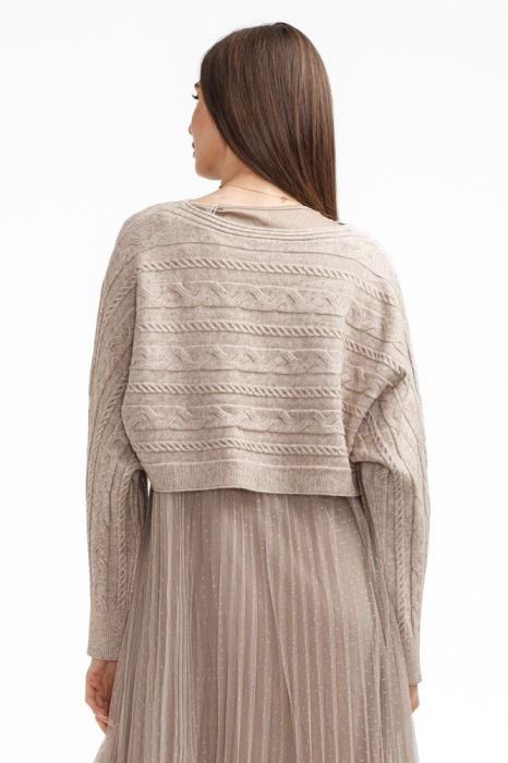 Rochie suprapusa din tulle cu bulinute cu puloveras cu model, bej inchis [4]