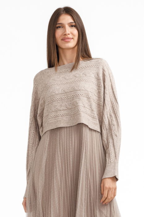 Rochie suprapusa din tulle cu bulinute cu puloveras cu model, bej inchis [2]