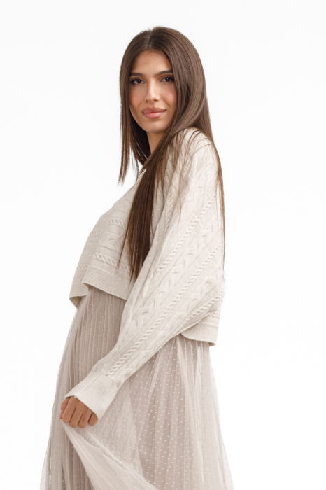 Rochie suprapusa din tulle cu bulinute cu puloveras cu model, bej deschis [3]