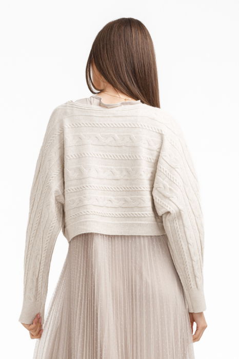 Rochie suprapusa din tulle cu bulinute cu puloveras cu model, bej deschis [4]