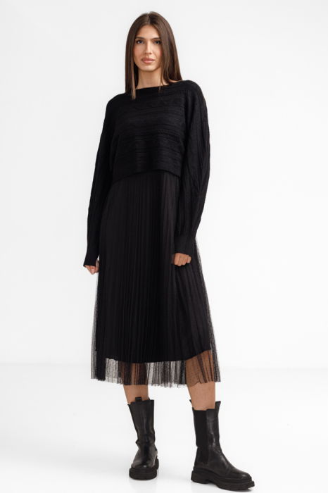 Rochie suprapusa din tulle cu bulinute cu puloveras cu model, neagra