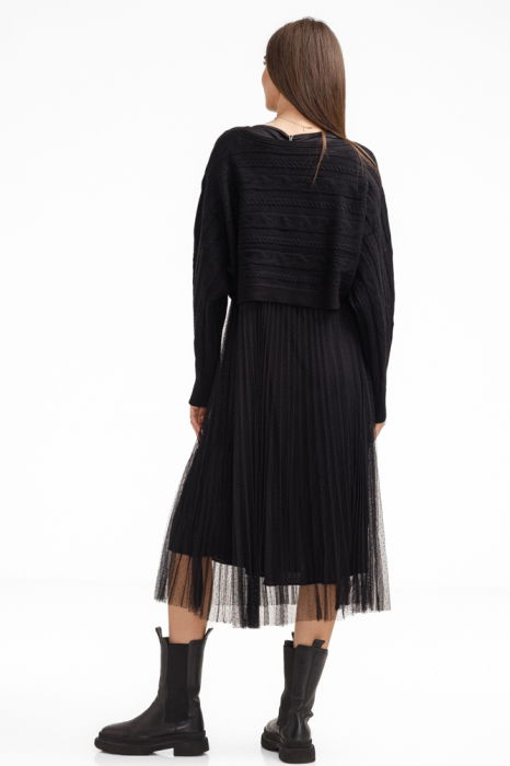 Rochie suprapusa din tulle cu bulinute cu puloveras cu model, neagra [4]