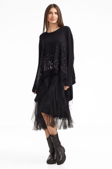 Rochie suprapusa din tulle, cu pulover in colturi oversize cu ploaie de paiete, neagra