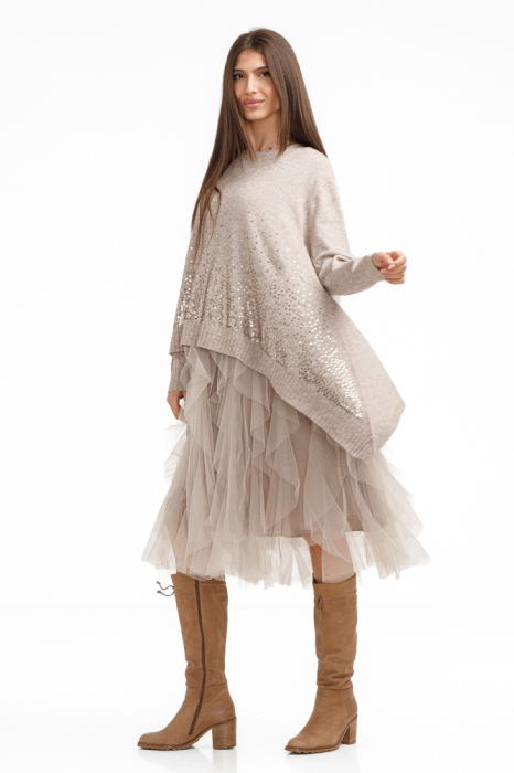 Rochie suprapusa din tulle, cu pulover in colturi oversize cu ploaie de paiete, bej inchis